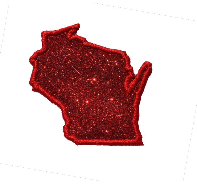 State of Wisconsin 2.5 red Sparkle Glitter Patch - Iron or Sew on Vinyl - NO GLITTER MESS !