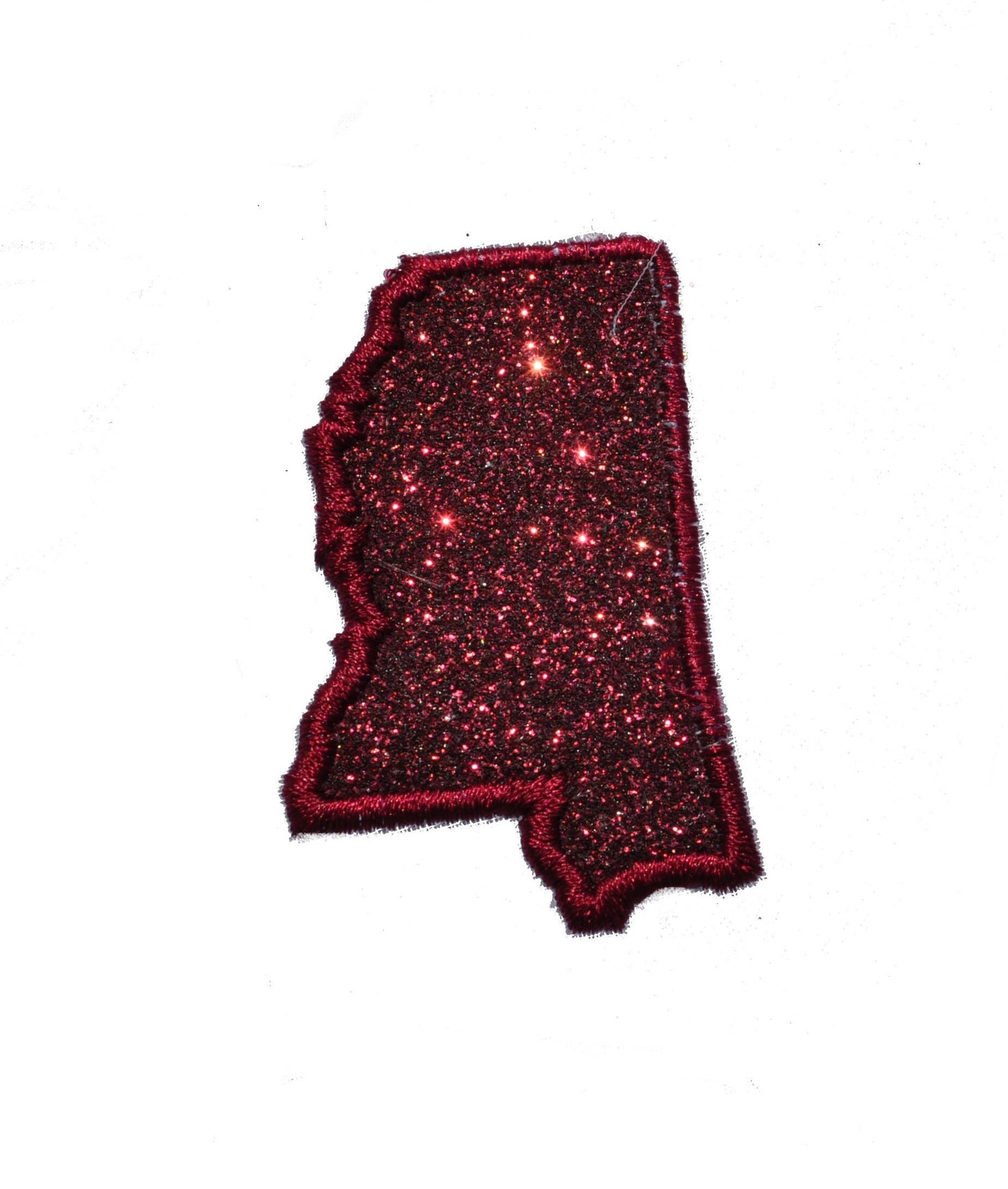 State of Mississippi 2.5 inch maroon color Sparkle Glitter Patch - Iron or Sew on Vinyl - NO GLITTER MESS !