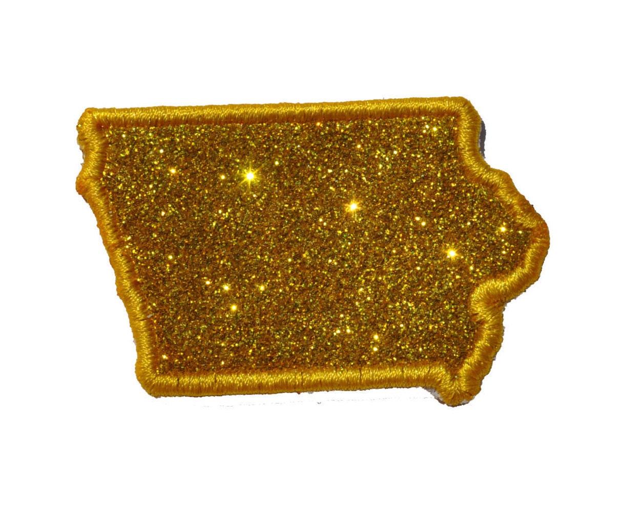 State of Iowa 4 inch yellow gold Sparkle Glitter Patch - Iron or Sew on Vinyl - NO GLITTER MESS !