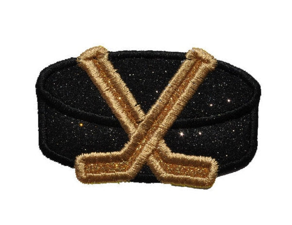 Hockey puck and Sticks 3 inch glitter sparkle iron on Patch! GL242