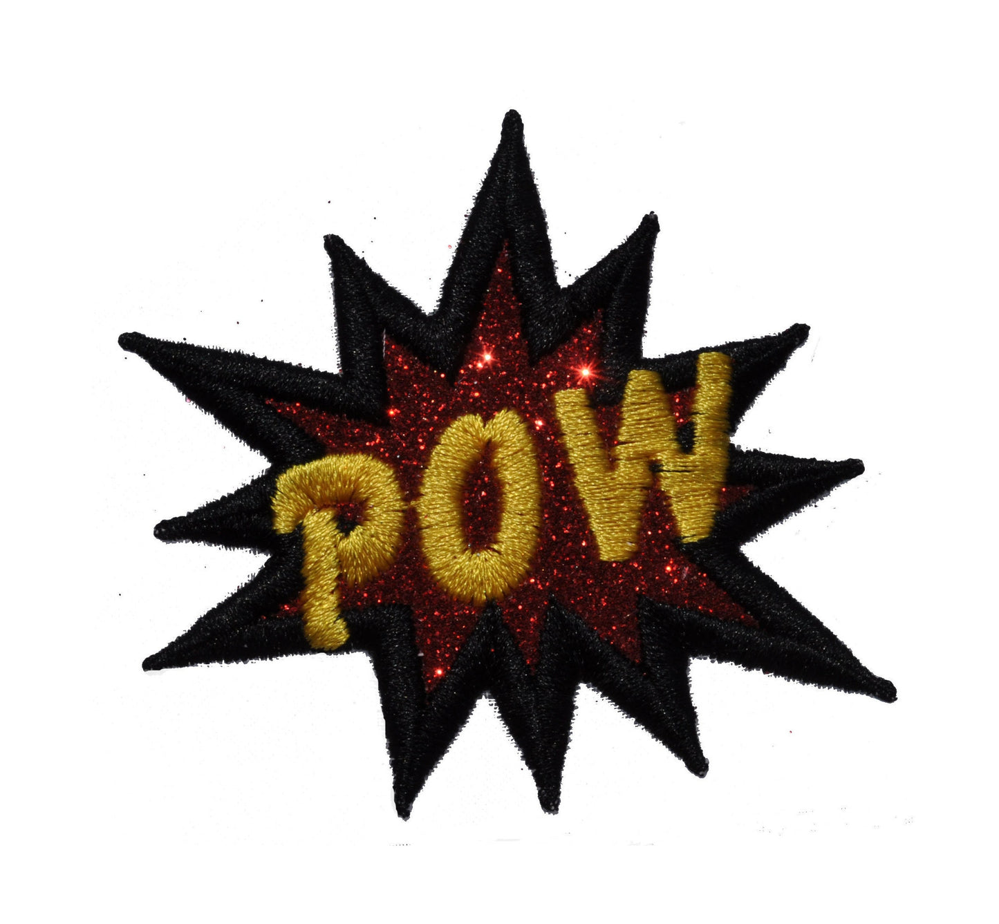 POW Super Hero Comic Fight Word Onomatopoeia Explosion in Red Glitter and Black & Yellow Stitch Sparkle Glitter Patch -Vinyl Glitter - GL280