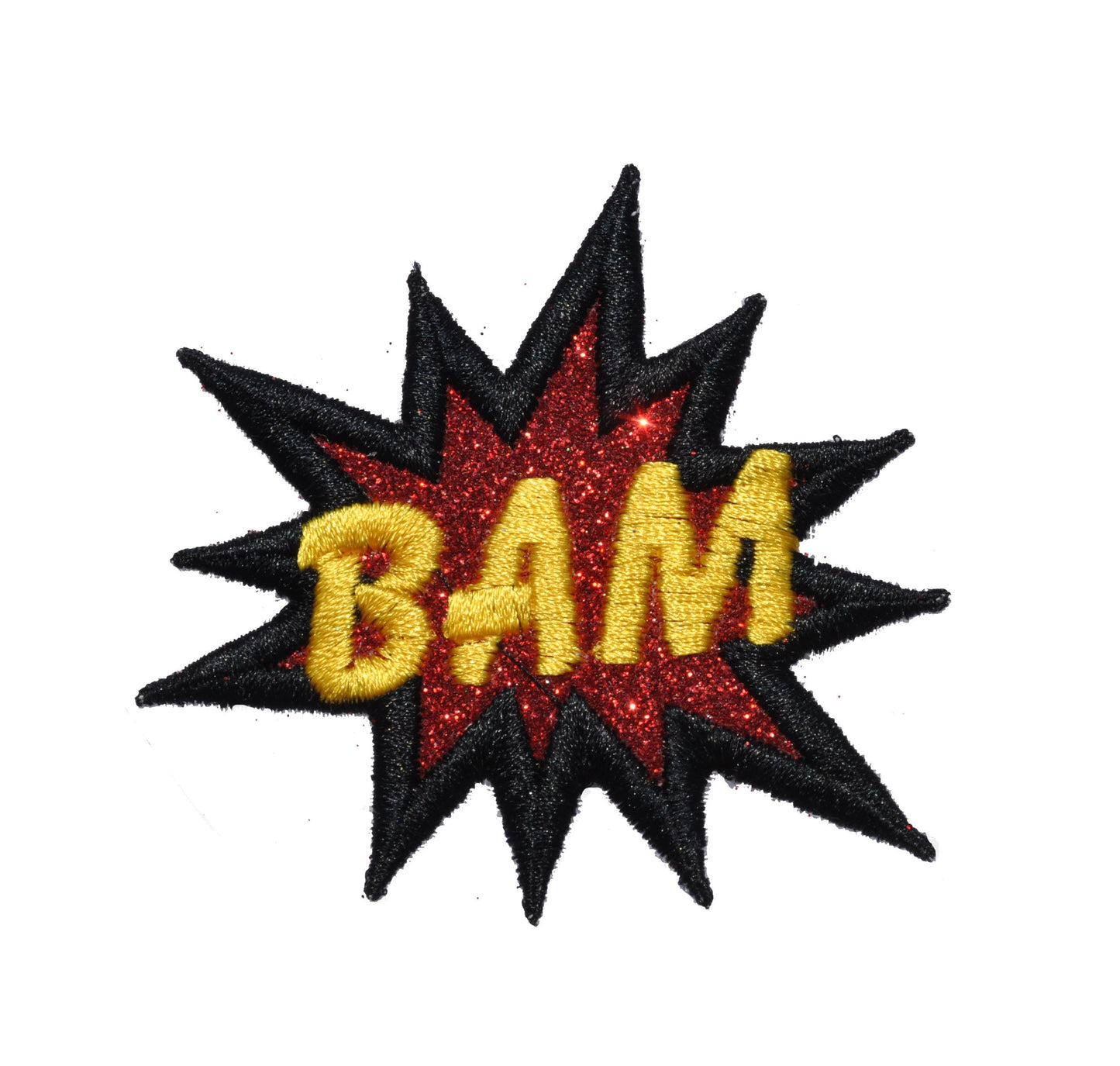 BAM Super Hero Comic Fight Word Onomatopoeia Explosion in Red Glitter and Black & Yellow Stitch Sparkle Glitter Patch -Vinyl Glitter - GL281