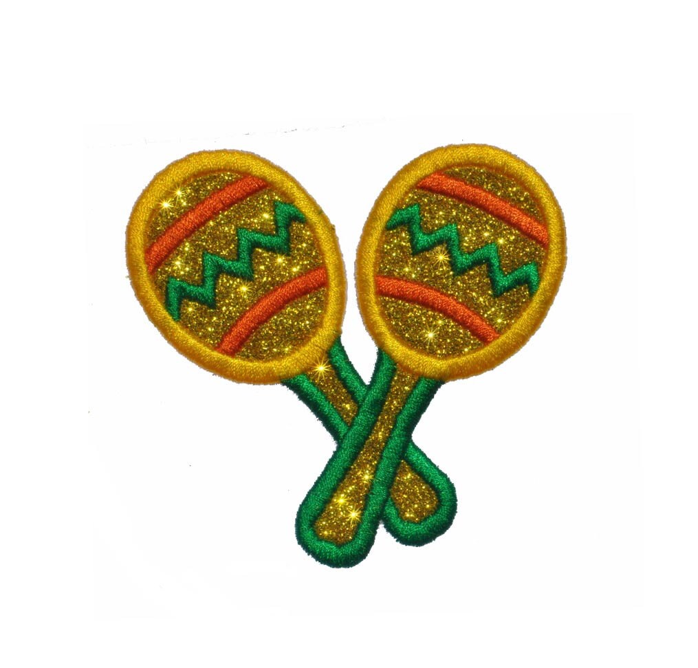 Maracas Mexican Music 3.5 inch Sparkle Glitter Patch - Iron or Sew on Vinyl - NO GLITTER MESS ! GL392