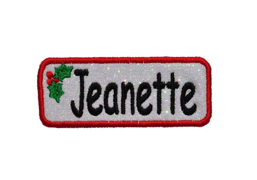 Rectangle Name Patch Christmas Holly Border Personalized Bling Glitter Patch - Iron or Sew on Vinyl - NO GLITTER MESS ! GL425