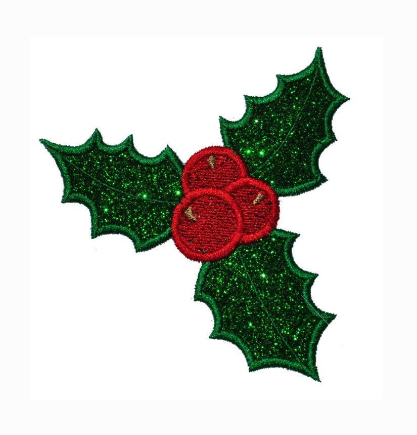 Christmas Holly Sparkle Glitter Patch - Iron or Sew on Vinyl - NO GLITTER MESS ! GL235
