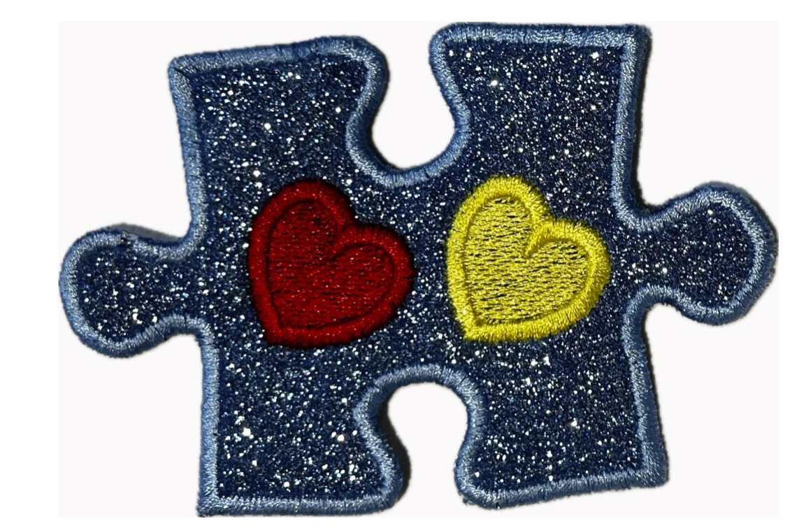 Autism Puzzle with Hearts Patch Glitter Iron-On embroidery patch.  Autism Acceptance, Autism Awareness. 3 1/2" No-mess glitter patch! AN12
