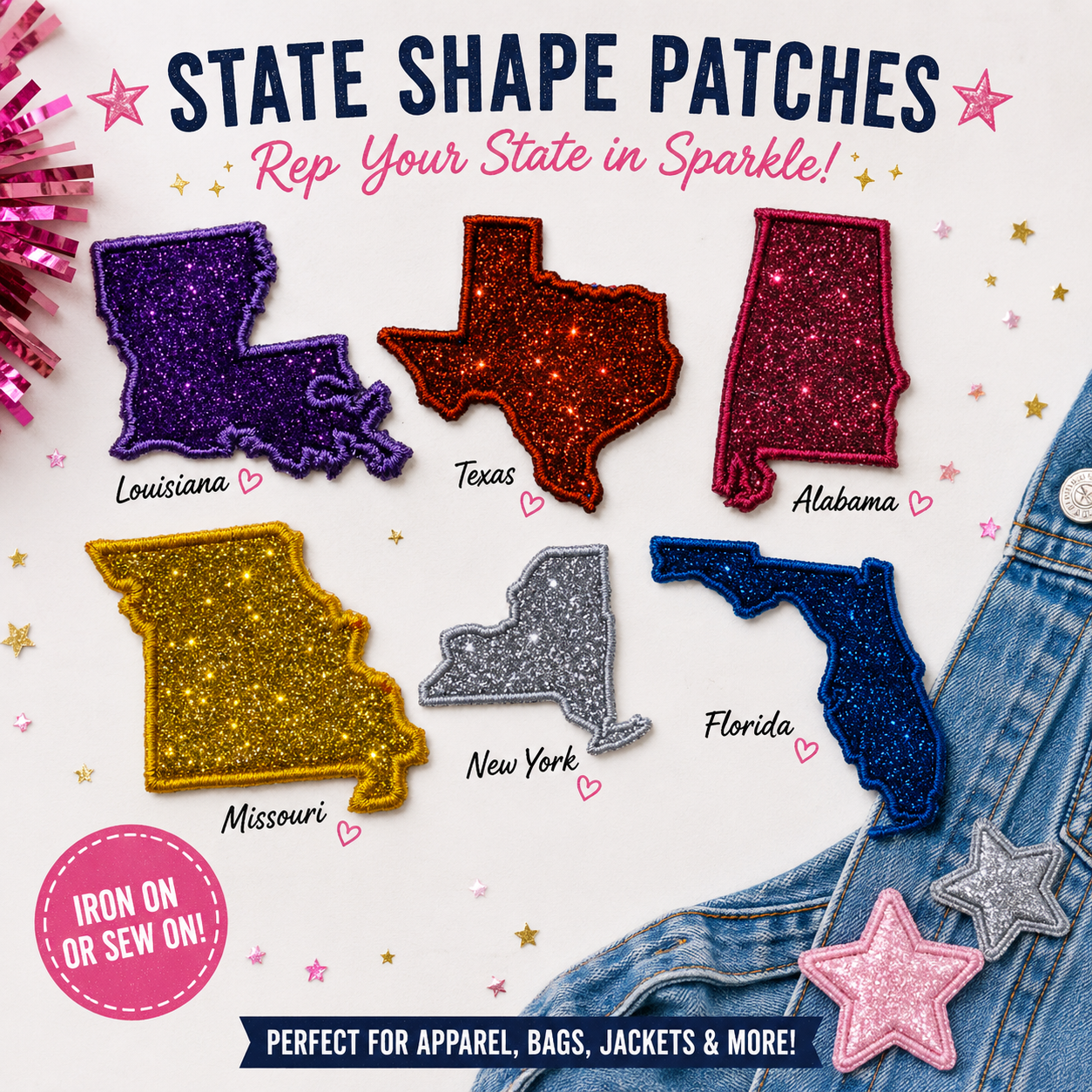 Custom Glitter State Shape Patch, Iron On Pride Accessory