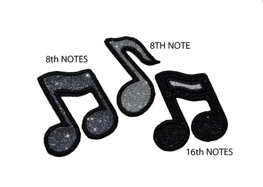 Musical Notes 8th and 16th Glitter Iron on Patches- Choice of one in a variety of colors GL69