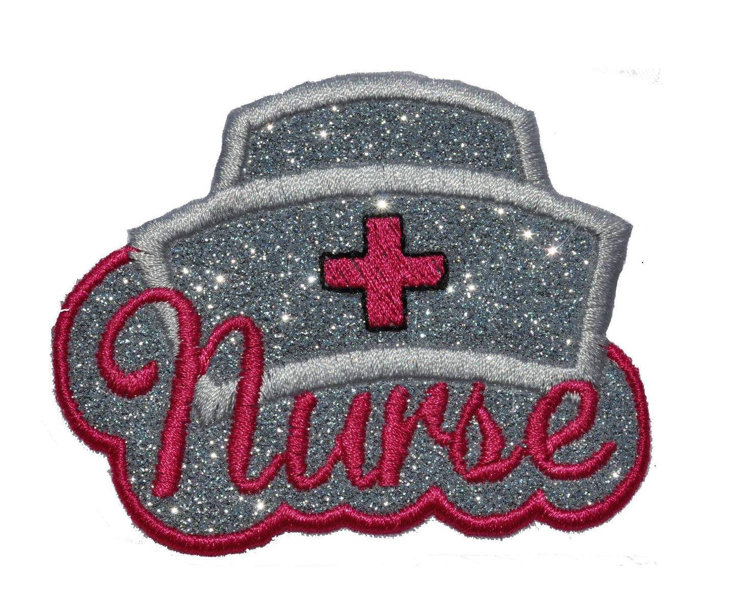 Nurses Hat Silver or White Vinyl with a Pink Cross Sparkle Glitter Patch -  Iron on or Sew on Vinyl - NO GLITTER MESS ! GL226