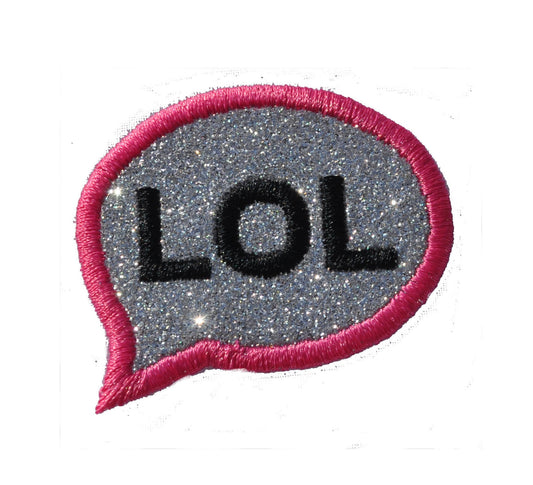 Texting Bubble LOL 2 inch with Silver Background or White Background. Sparkle Glitter Patch -  Iron or Sew on Vinyl - no glitter mess ! GL36