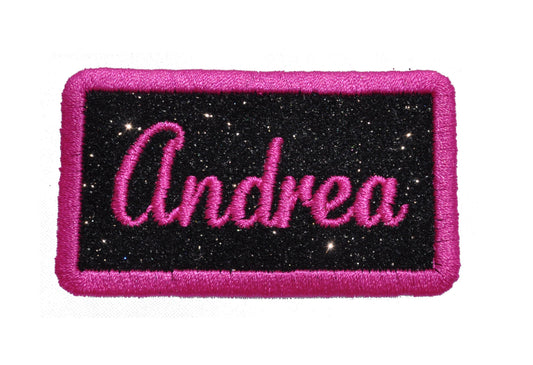 Rectangle Nametag Name Patch Frame Black/Hot Pink Personalized Sparkle Glitter Patch -  Iron or Sew on Vinyl - NO GLITTER MESS ! GL268