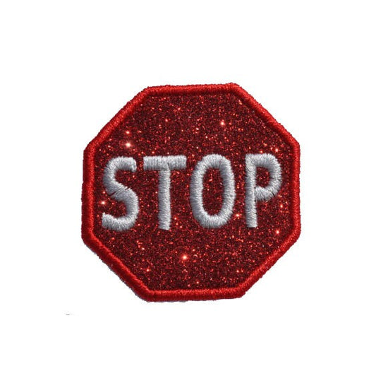 Stop Sign Sparkle Glitter Patch -  Iron or Sew on Vinyl - NO GLITTER MESS ! GL97