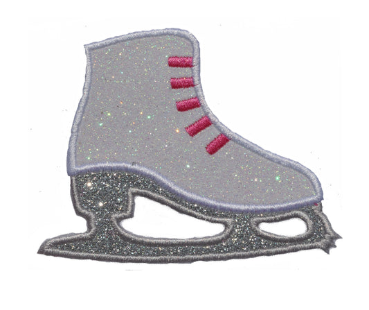 Skate Figure Ice Skate White Florescent Sparkle Choice of Laces Glitter Patch -  Iron or Sew on Vinyl - NO GLITTER MESS ! GL292