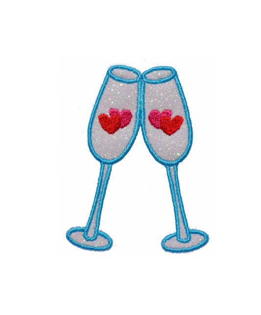 Heart Champagne wine Glasses Valentine, Wedding, Anniversary  Sparkle Glitter Patch -  Iron or Sew on Vinyl - NO GLITTER MESS ! GL386