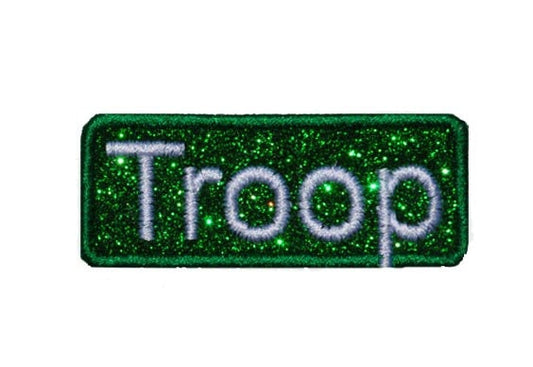 Name Troop Scout Patch Shape 2.5 x 1.2 inch size.  Plain or personalized. Kelly Green no glitter mess.  Iron on Patch! GL429