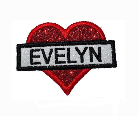 Heart Banner Name Patch  Border Frame Nametag Bling Glitter Patch -  Iron or Sew on Vinyl - NO GLITTER MESS ! GL434