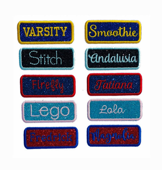 Rectangle Nametag School Name Patch Personalized Sparkle Glitter Patch -  Iron or Sew on Vinyl - NO GLITTER MESS ! GL436