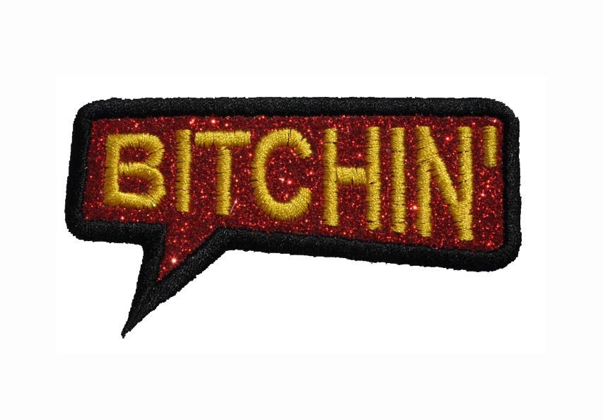 Awesome, Bitchin&#39; Super Cool Word Backpack Patch in Red Glitter and Black & Yellow Stitch Sparkle Glitter Patch -Vinyl Glitter - GL398