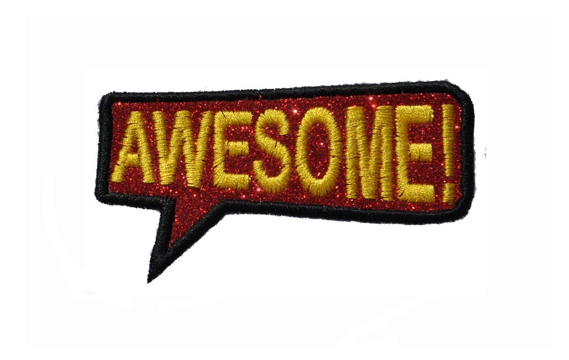 Awesome, Bitchin&#39; Super Cool Word Backpack Patch in Red Glitter and Black & Yellow Stitch Sparkle Glitter Patch -Vinyl Glitter - GL398